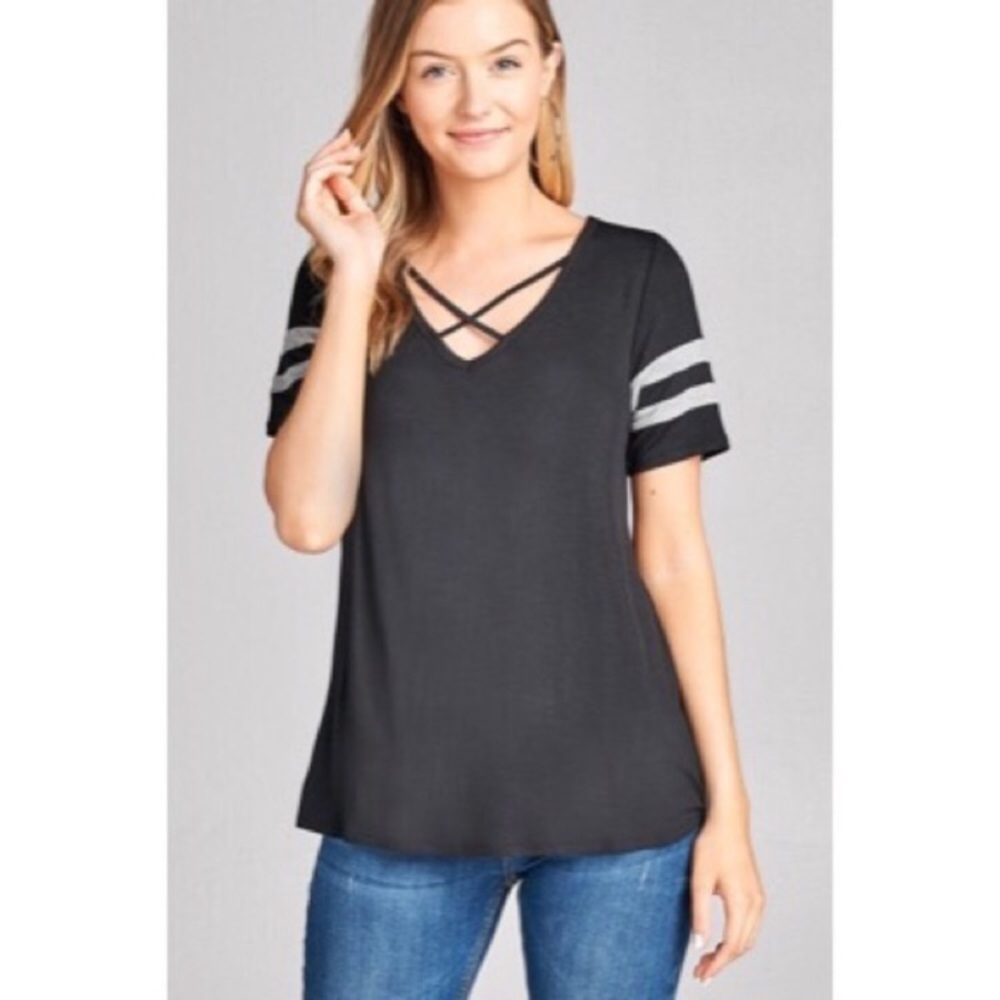 NEW! 🏈 Black Cross Tee with Grey Stripes